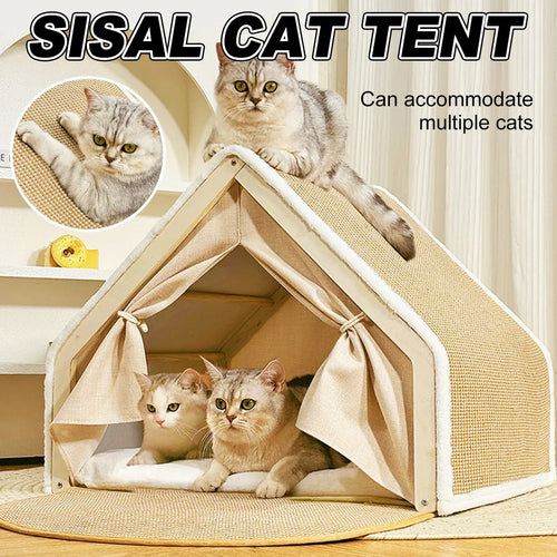Cat Tent House with Built-In Scratcher – Semi-Enclosed Cozy Bed