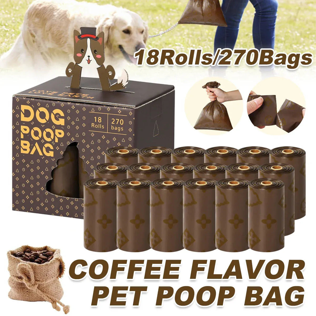 Coffee-Scented Poop Bags for Dogs & Cats – Leak-Proof, Bulk Pack of 18 rolls/270 Bags